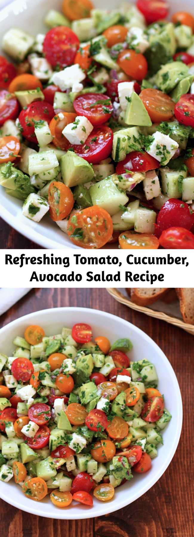 Refreshing Tomato, Cucumber, Avocado Salad Recipe - This tomato, cucumber, avocado salad is an easy, flavorful summer salad. It’s crunchy, fresh and simple to make. It’s a family favorite and ready in less than 15 minutes.