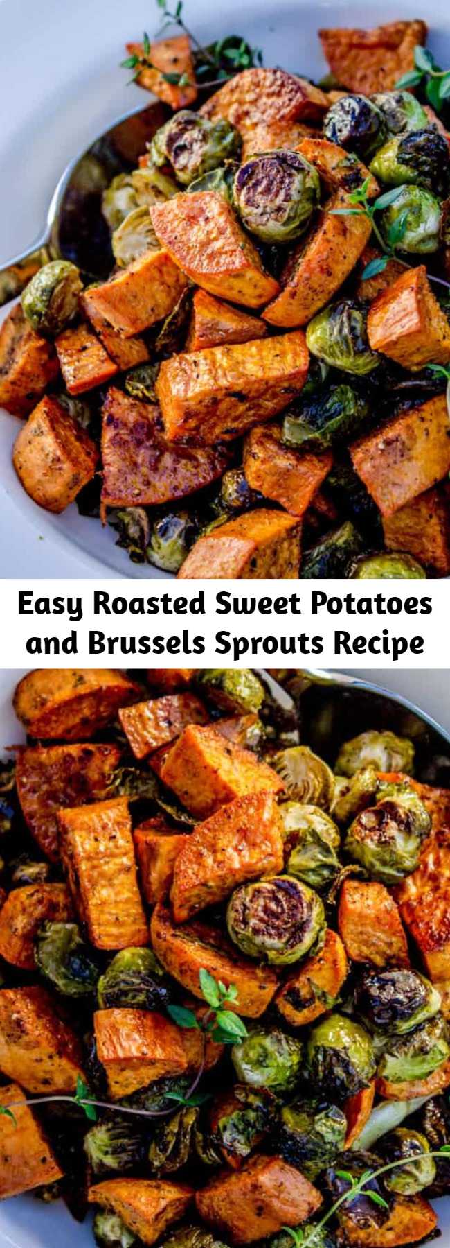 Easy Roasted Sweet Potatoes and Brussels Sprouts Recipe - Roasted vegetables (like these Brussels sprouts and sweet potatoes) are superior in almost every way; it’s a fact. But they take up valuable oven space on holidays. Make them ahead of time and reheat! Save on time and stress.