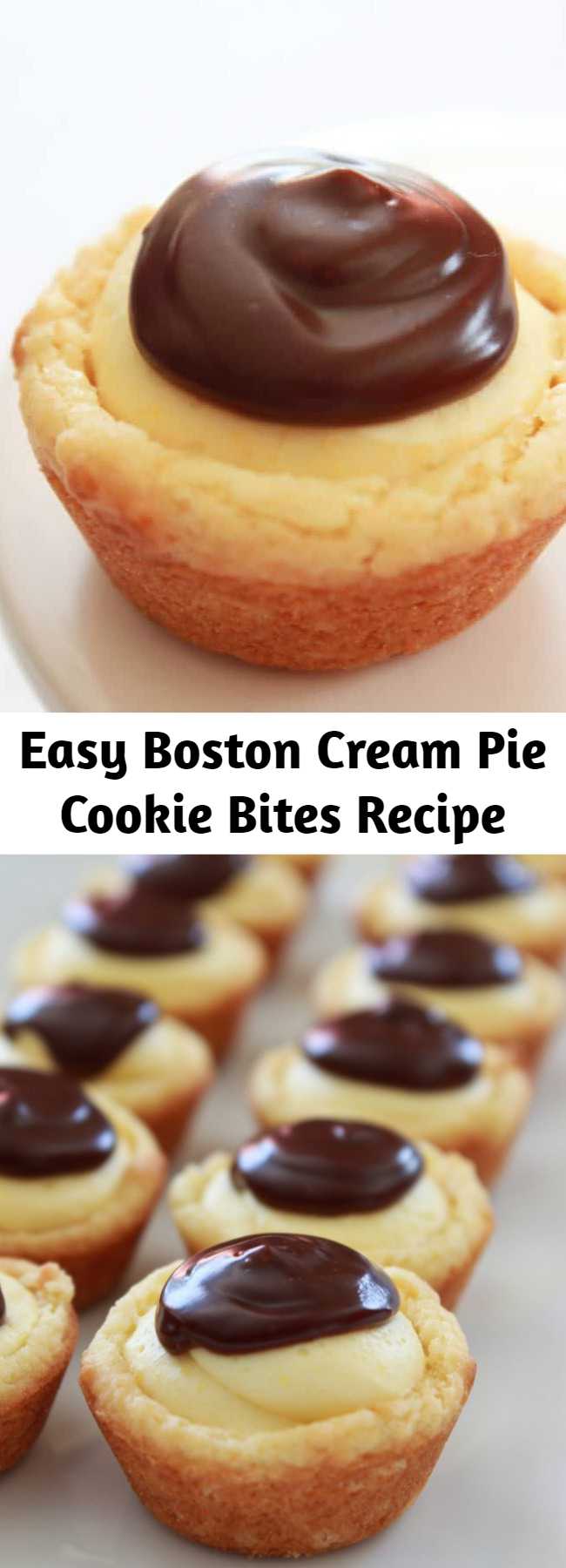 Easy Boston Cream Pie Cookie Bites Recipe - All of the awesome flavors you love from the traditional Boston Cream Pie are turned into a cookie cup. They are quick to make, starting with a cake mix and taste delicious. Everyone will go crazy for these little cuties.
